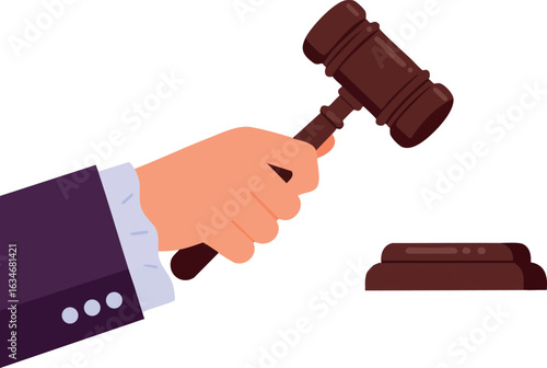 Judge hand holding wooden gavel striking sounding block vector illustration design 