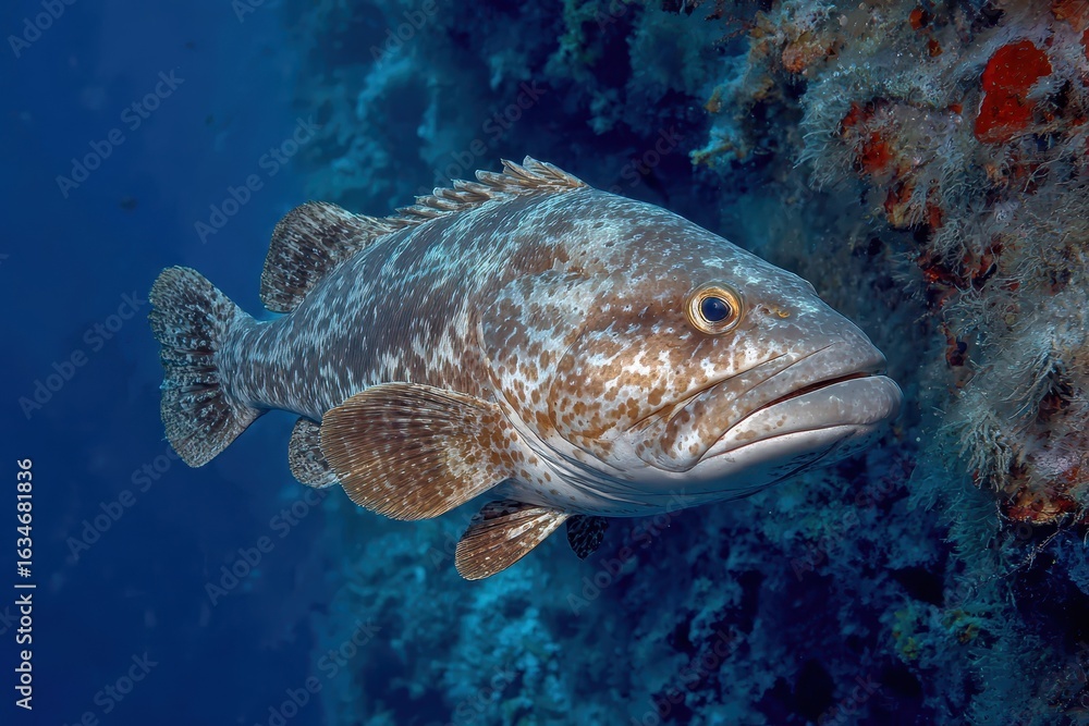 Fototapeta premium Dusky grouper swimming near rocky coral reef in the Mediterranean Sea during bright daylight hours showcasing its intricate patterns and vibrant colors