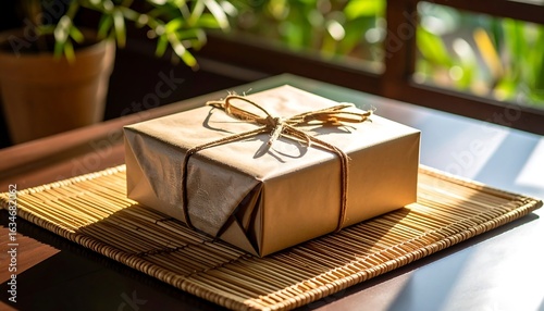 Wrapped Gift on Bamboo Mat in Natural Light
