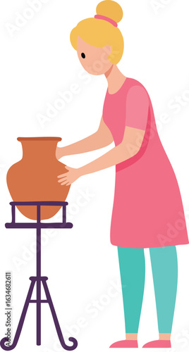 Woman shaping clay pottery on a wheel in pink dress and teal pants vector illustration 