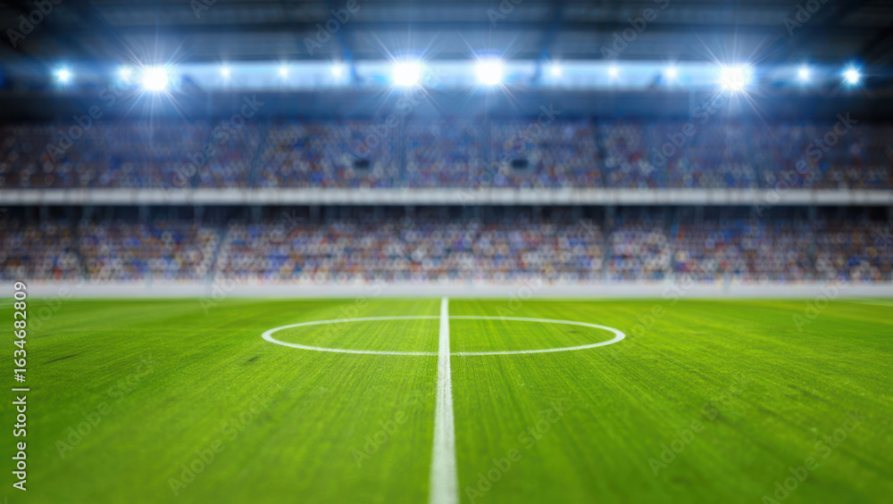 Fototapeta premium Soccer stadium with blurred crowd and focus on field.