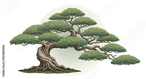Artistic illustration of a meticulously crafted bonsai tree, showcasing its elegant form.