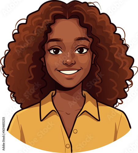 Smiling young woman with curly hair wearing yellow shirt friendly portrait vector illustration 