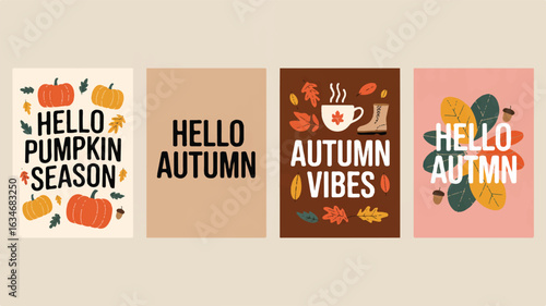 Four autumn themed illustrations with text and seasonal elements fall hello pumpkin season