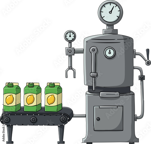 Industrial machine filling lemon juice cartons on conveyor belt vector illustration
