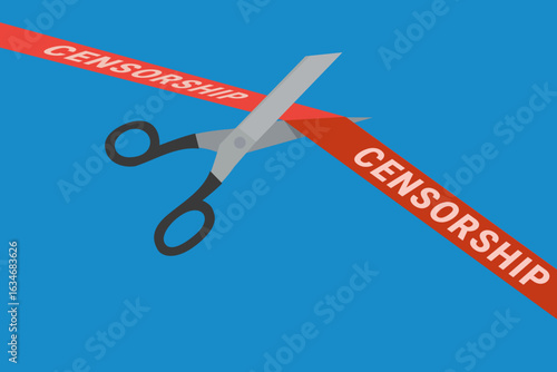 A pair of scissors cuts a red banner with the words "CENSORSHIP" written on it on a blue background in flat design style