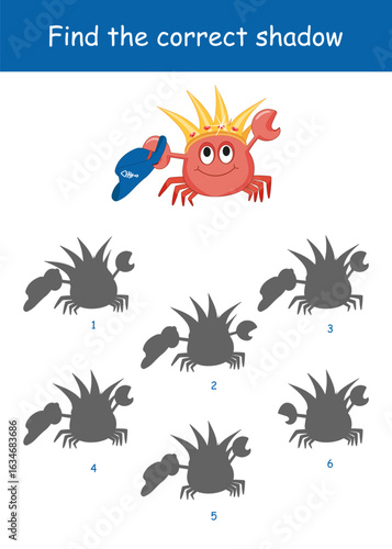 Find the correct shadow of crab with the golden crown on its head. Observation game. Vector illustration on a white background for children's entertainment, activity book, worksheet.