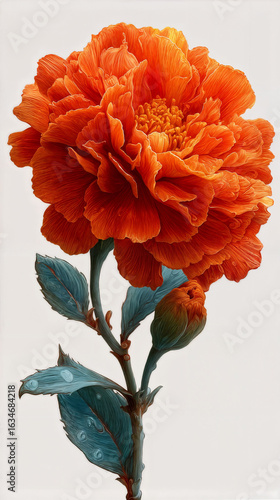 Illustration AI close-up of vibrant orange marigold flower with blue-green leaves.