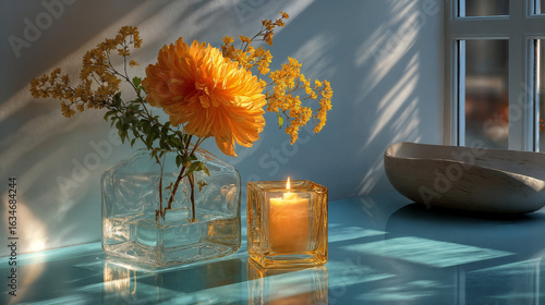 Illustration AI sunlit glass vase with yellow flowers and candle on blue reflective table.