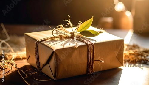 Wrapped Present with Rustic Twine and Leaf Decoration