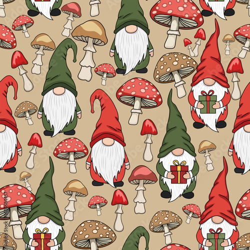 Cartoon Gnomes with Gifts and Mushrooms Seamless Pattern