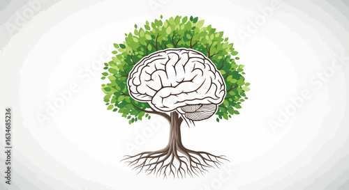 Illustration of a human brain forming the crown of a tree with roots, symbolizing growth and knowledge.