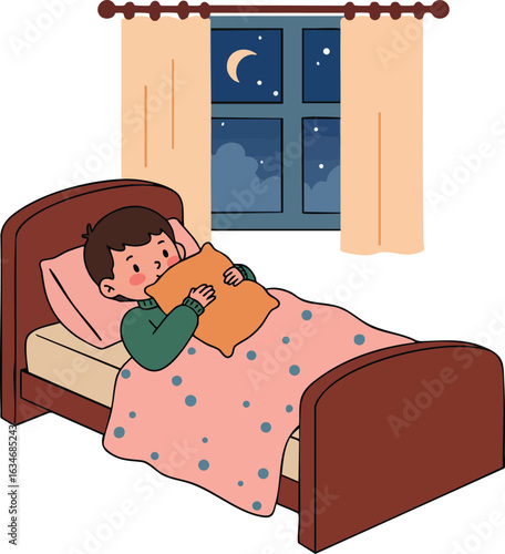 Boy lying in bed hugging pillow at night with moon and stars outside window vector illustration 