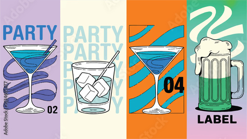 Four horizontal illustrations of drinks and party text with numbers and label celebration cocktails
