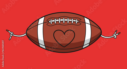 A cartoonish American football with a heart design, suspended by strings against a red background.
