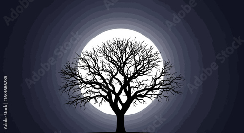 Silhouette of a bare tree against a bright, circular moon or light source, creating a stark contrast.