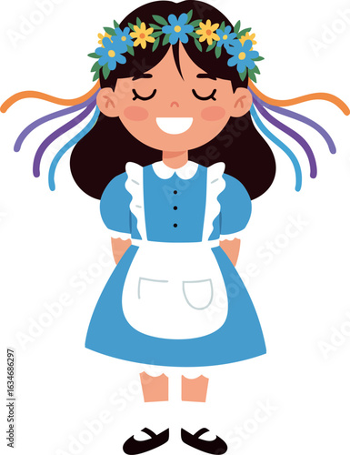Girl with flower crown and blue dress smiling happily in cartoon style vector illustration 
