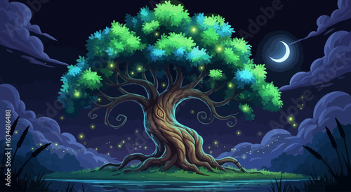 Glowing, mystical tree at night, illuminated by fireflies, under a crescent moon.