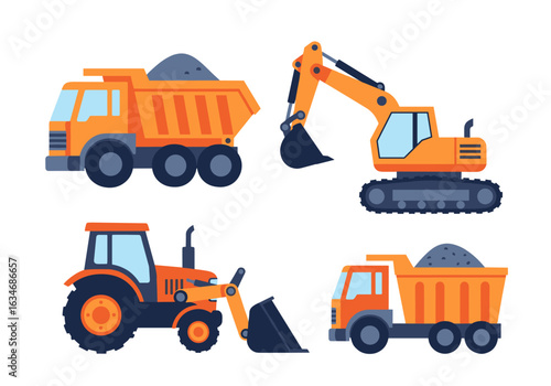Set of heavy construction vehicles including excavator digger truck and tractor
