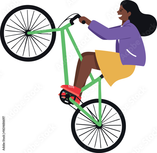 Woman riding green bicycle performing wheelie in casual purple jacket and yellow skirt