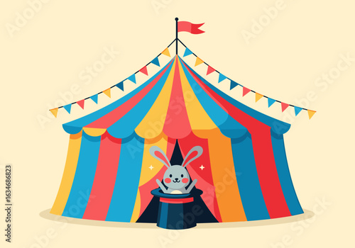 Magical circus tent with adorable bunny emerging from top hat