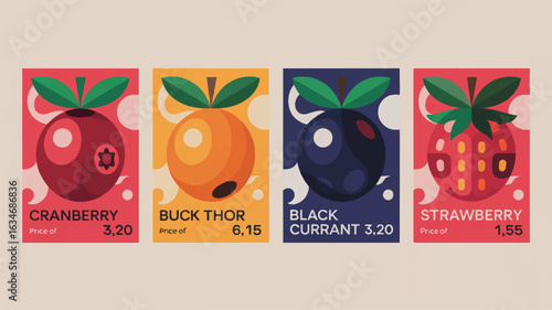 Four horizontal posters featuring stylized fruits and prices cranberry buckthorn