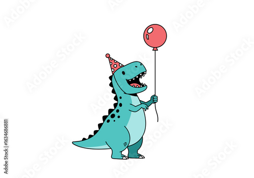 Cute t rex dinosaur wearing a party hat holding a balloon