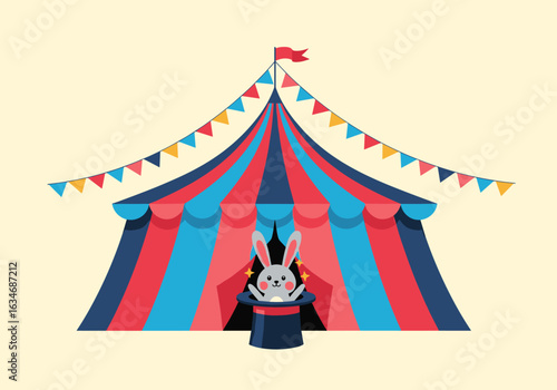 Magical rabbit appears from top hat inside a colorful big top circus tent