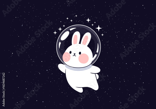 Cute kawaii astronaut bunny floating through starry outer space
