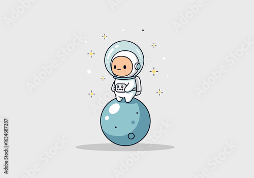 Adorable astronaut sitting on the moon with sparkles around