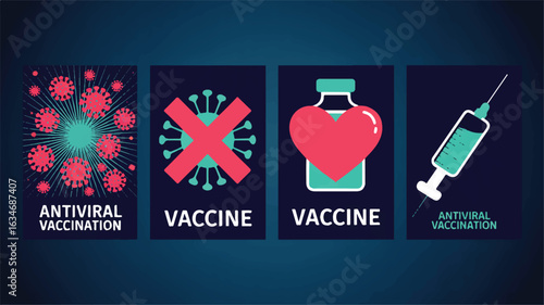Four medical icons showing virus prevention and vaccination with text coronavirus covid