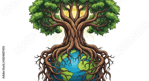 A vibrant tree with intertwined roots enveloping the Earth, bathed in sunlight.
