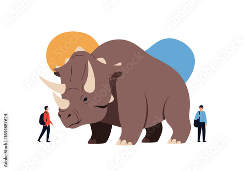 Massive rhinoceros stands tall with two people observing nature and wildlife conservation
