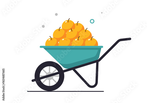 Illustration of a wheelbarrow loaded with fresh oranges ready for harvesting