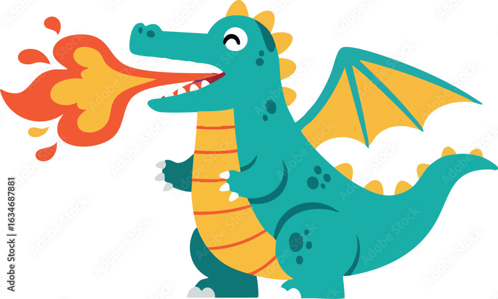 Obraz premium Cartoon dragon breathing fire with yellow wings and orange flames vector illustration 