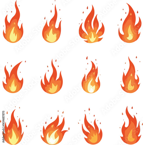 Collection of animated fire elements in various shapes and burning designs
