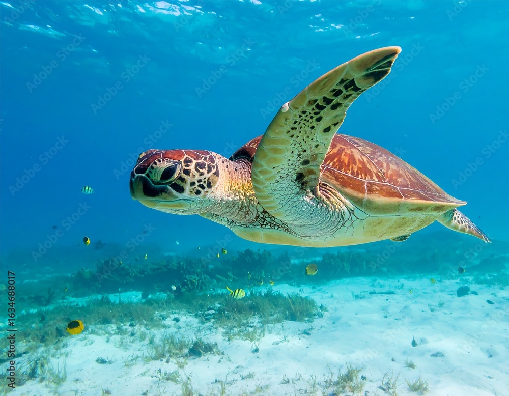 Fototapeta premium A magnificent sea turtle glides gracefully through the crystal-clear turquoise waters of the ocean, swimming above a sandy seafloor with small fish.