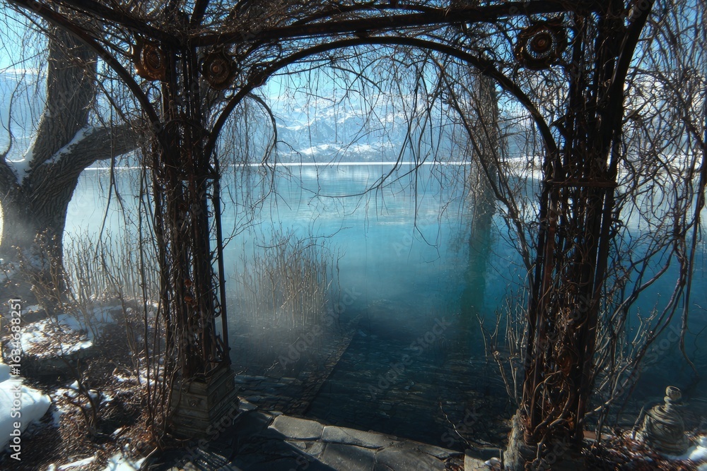Naklejka premium Rustic gazebo overlooking a serene winter lake