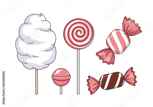 Collection of sweet confections cotton candy lollipops and wrapped candies
