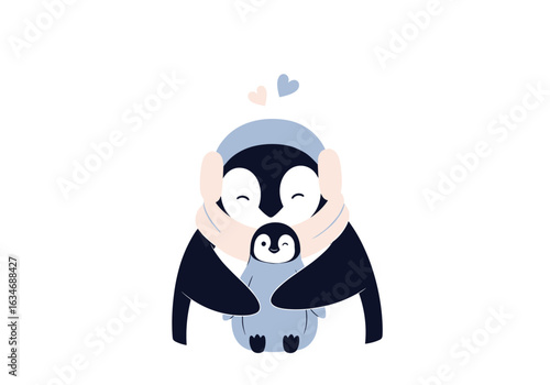 Adorable penguin family embracing warmly with love and affection