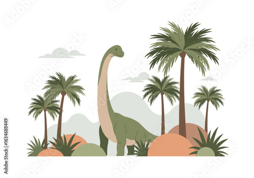A long necked dinosaur standing tall among lush green palm trees and tropical plants in a prehistoric landscape