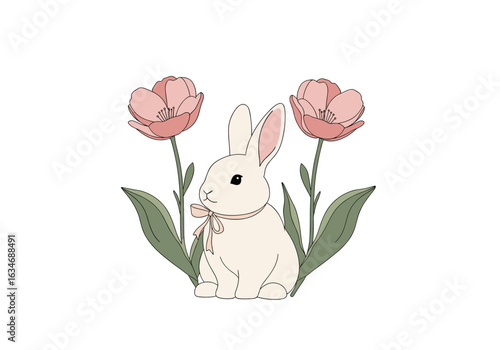 Adorable white bunny surrounded by blooming tulips in spring season