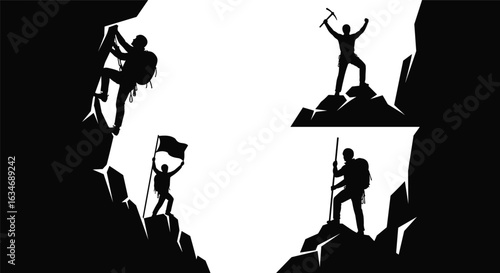 Climber silhouette set, mountain summit poses, adventure, hiking, ice axe, flag, backpack, outdoor vector, black, achievement, gear