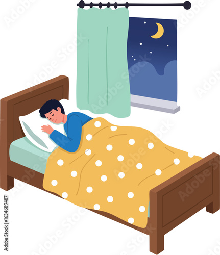 Man sleeping peacefully in bed under yellow polka dot blanket with night sky view vector illustration 