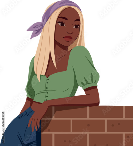 Young woman with blonde hair wearing purple headscarf and green blouse leaning on brick wall vector illustration 