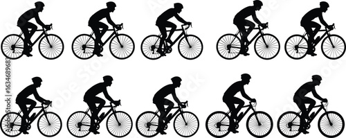 Cycling silhouette sequence, pedaling motion, bike rider, sports vector, dynamic movement, animation reference, black, athlete, bicycle, motion study