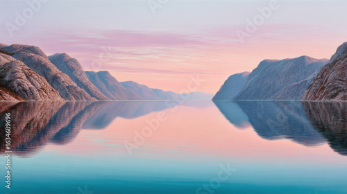 Serene fjord with calm water reflecting pastel sunset light and rugged mountain landscape