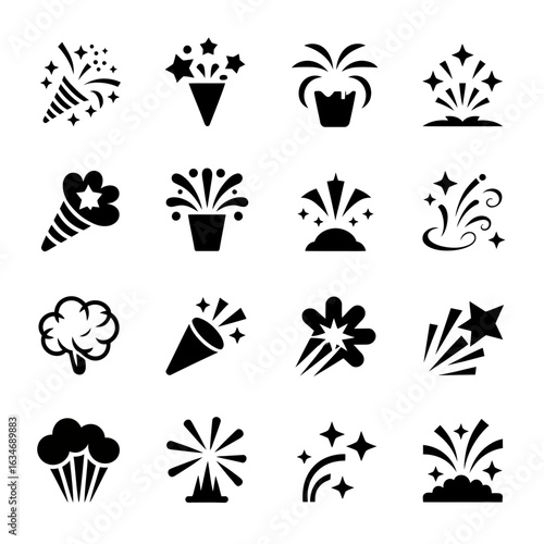 Celebration and Fireworks Icon Set – Black Vector Confetti Silhouettes

