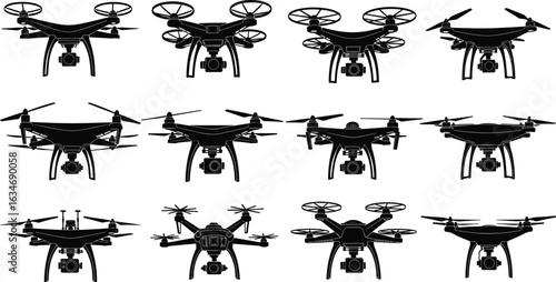 Drone silhouettes, black vector, quadcopter icons, UAV shapes, propeller styles, camera drones, aerial tech, unmanned aircraft, drone designs
