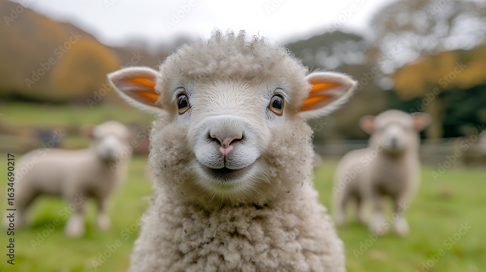 Fototapeta premium Close-up of a fluffy, happy sheep.